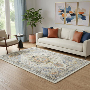 HomeRoots 8' Elegant Ivory Blue Orange Medallion Washable Area Rug for Stylish Living Spaces and Durability 8' X 10' 711199