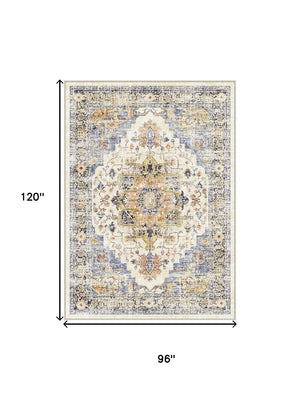 HomeRoots 9' Elegant Ivory Blue and Orange Medallion Washable Area Rug for Timeless Home Décor Style 9' X 12' 711200