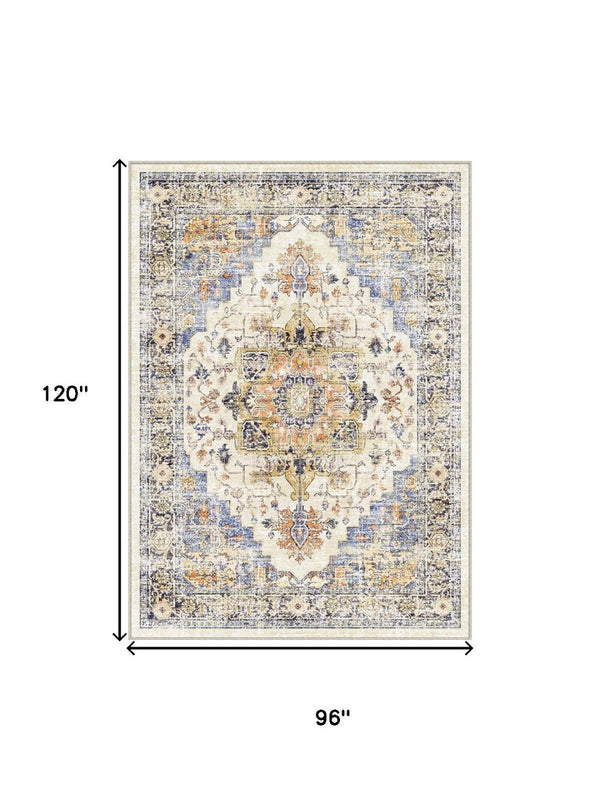 HomeRoots 9' Elegant Ivory Blue and Orange Medallion Washable Area Rug for Timeless Home Décor Style 9' X 12' 711200