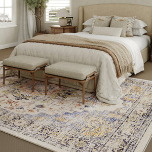 HomeRoots 9' Elegant Ivory Blue and Orange Medallion Washable Area Rug for Timeless Home Décor Style 9' X 12' 711200