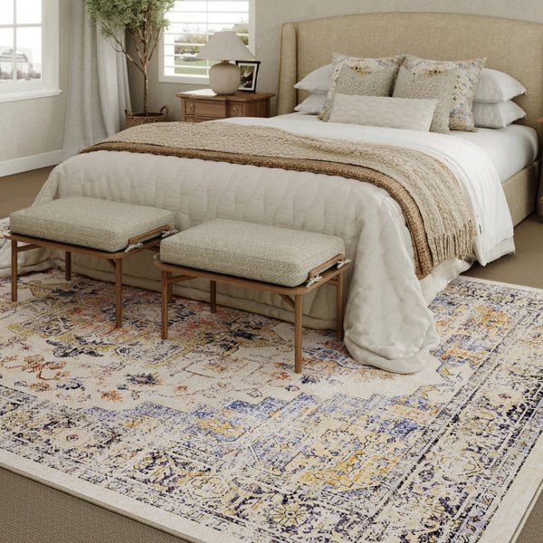 HomeRoots 9' Elegant Ivory Blue and Orange Medallion Washable Area Rug for Timeless Home Décor Style 9' X 12' 711200