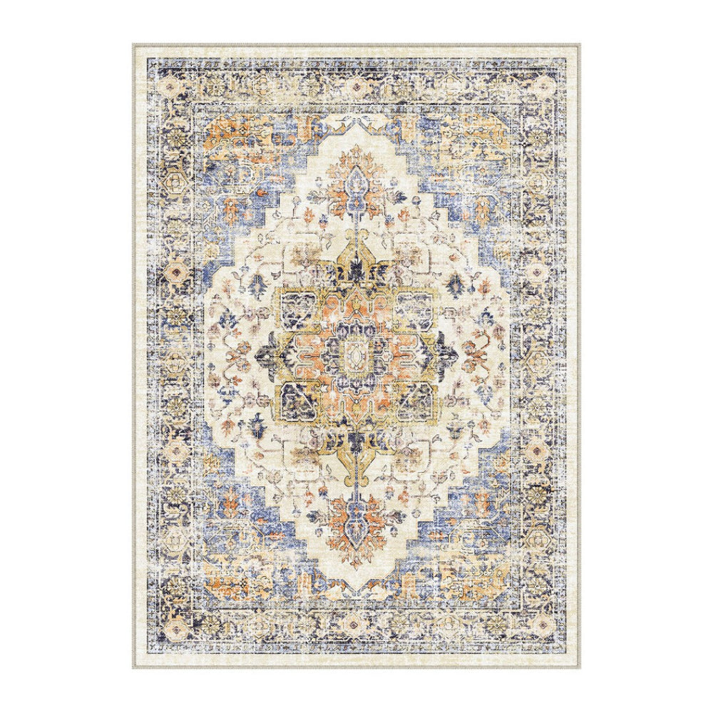 HomeRoots 9' Elegant Ivory Blue and Orange Medallion Washable Area Rug for Timeless Home Décor Style 9' X 12' 711200