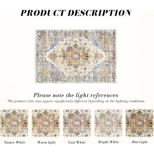 HomeRoots 9' Elegant Ivory Blue and Orange Medallion Washable Area Rug for Timeless Home Décor Style 9' X 12' 711200