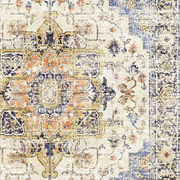 HomeRoots 9' Elegant Ivory Blue and Orange Medallion Washable Area Rug for Timeless Home Décor Style 9' X 12' 711200