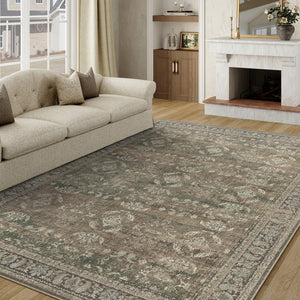 HomeRoots 8' Brown Ivory and Green Floral Medallion Area Rug - Elegant, Washable, Durable Design for Homes 8' X 10' 711203