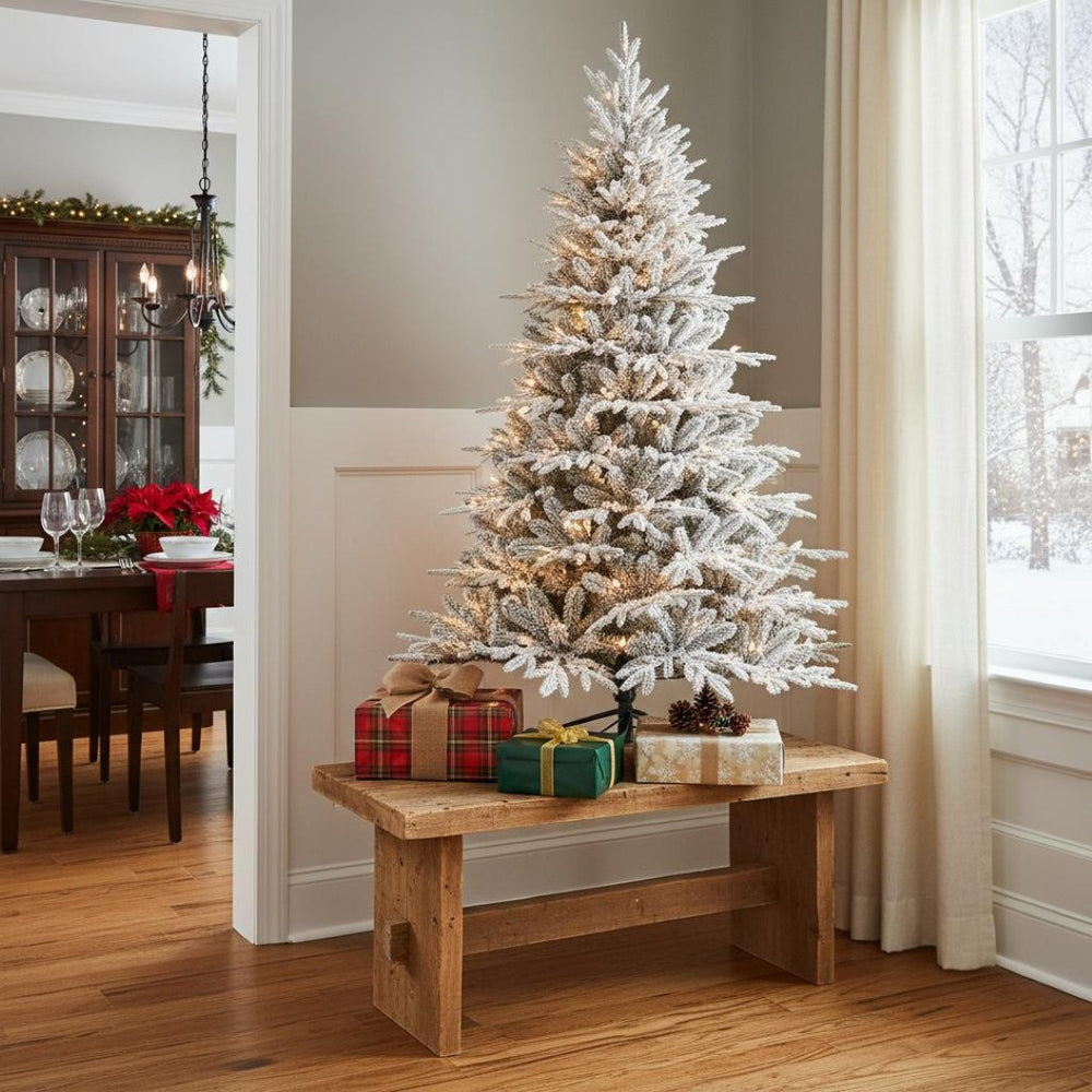 HomeRoots 5' White Pre-Lit Flocked Pine Christmas Tree – Stunning Snowy Decor with LED Lights for Any Space 711212