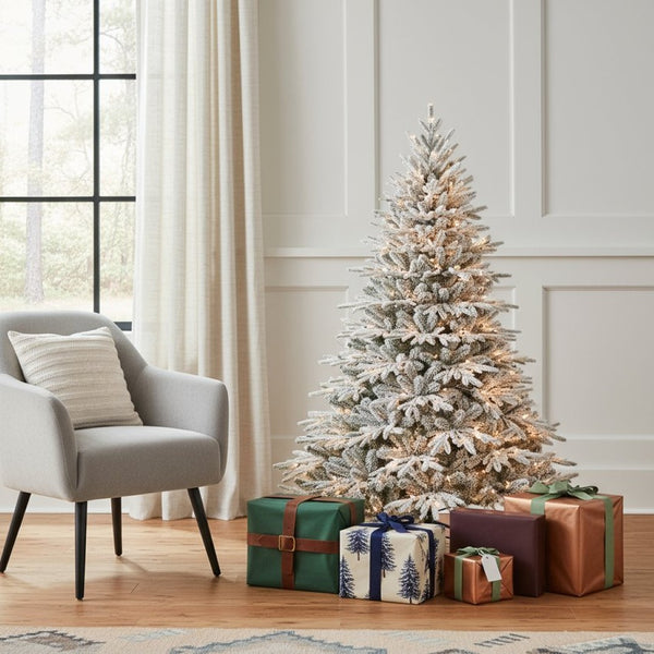 HomeRoots 6' Elegant Pre-Lit Full Flocked Pine Christmas Tree with 400 LED Lights & Sturdy Stand for Festive Charm 711213