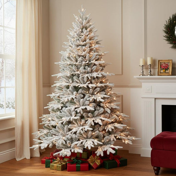 HomeRoots 7.5' White Pre Lit Full Flocked Pine Christmas Tree - Elegant, Low-Maintenance Holiday Centerpiece! 711215