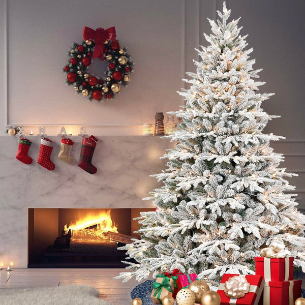 HomeRoots 9' White Pre-Lit Full Flocked Pine Christmas Tree – Effortless Setup, Stunning Decor & Holiday Charm! 711216
