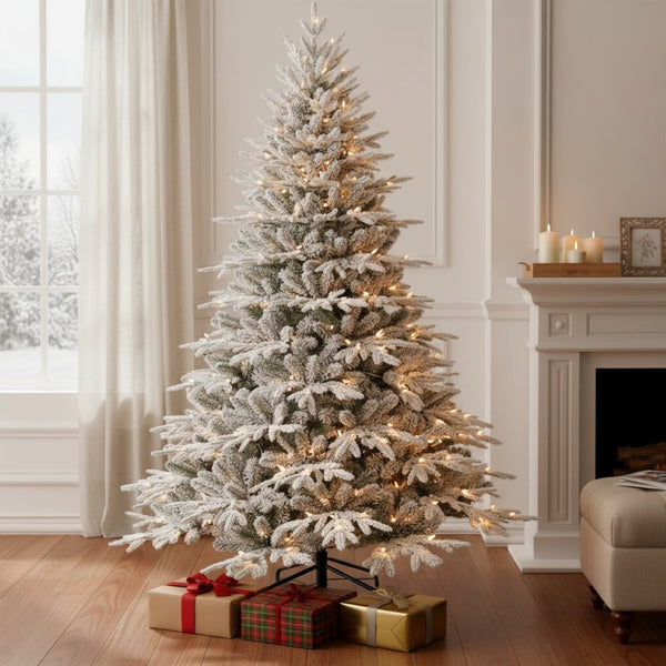 HomeRoots 9' White Pre-Lit Full Flocked Pine Christmas Tree – Effortless Setup, Stunning Decor & Holiday Charm! 711216