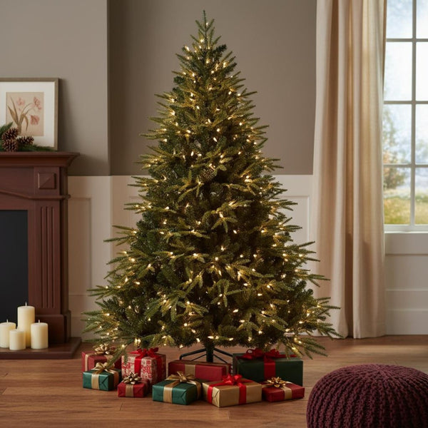 HomeRoots 7.5' Pre Lit Full Pine Christmas Tree - Lifelike, Versatile Decor with Built-In LED Lights & Easy Setup 711225