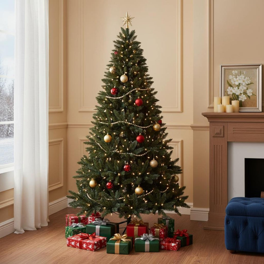 HomeRoots 8' Pre Lit Full Pine Christmas Tree – Lush PVC Foliage, 280 LED Lights & Elegant Ornaments Included! 711227