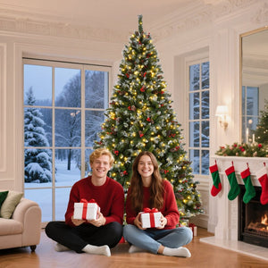 HomeRoots 9' Pre Lit Full Pine Christmas Tree - Lush Green, Easy Setup, Versatile LED Lighting & Durable Stand 711231