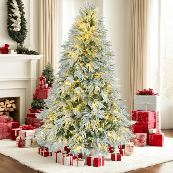 HomeRoots 7.5' Elegant White Pre-Lit Full Spruce Christmas Tree with 8 Lighting Modes & Effortless Setup 711233
