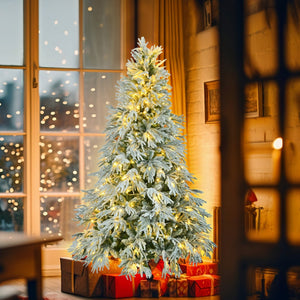 HomeRoots 7.5' Elegant White Pre-Lit Full Spruce Christmas Tree with 8 Lighting Modes & Effortless Setup 711233