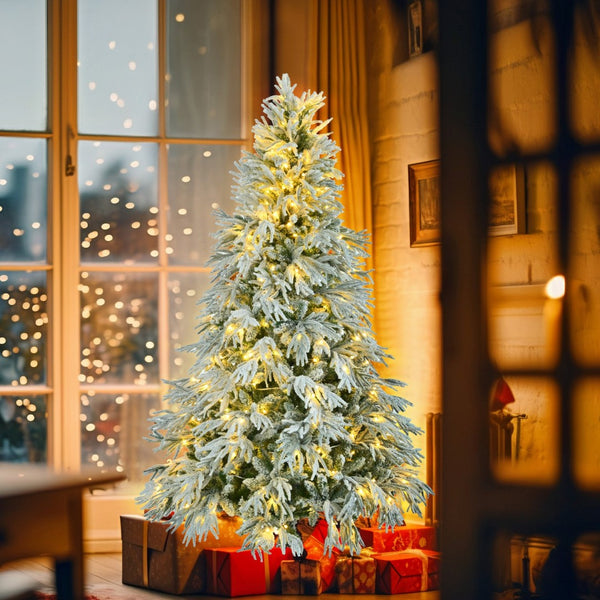 HomeRoots 7.5' Elegant White Pre-Lit Full Spruce Christmas Tree with 8 Lighting Modes & Effortless Setup 711233