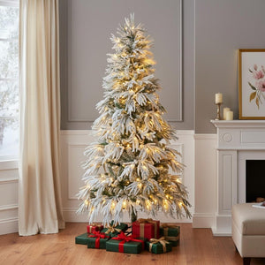 HomeRoots 7.5' Elegant White Pre-Lit Full Spruce Christmas Tree with 8 Lighting Modes & Effortless Setup 711233