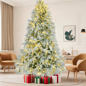 HomeRoots 4' White Pre-Lit Flocked Cedar Christmas Tree – Elegant Decor, 8 Modes, Easy Assembly, and Stability! 711234