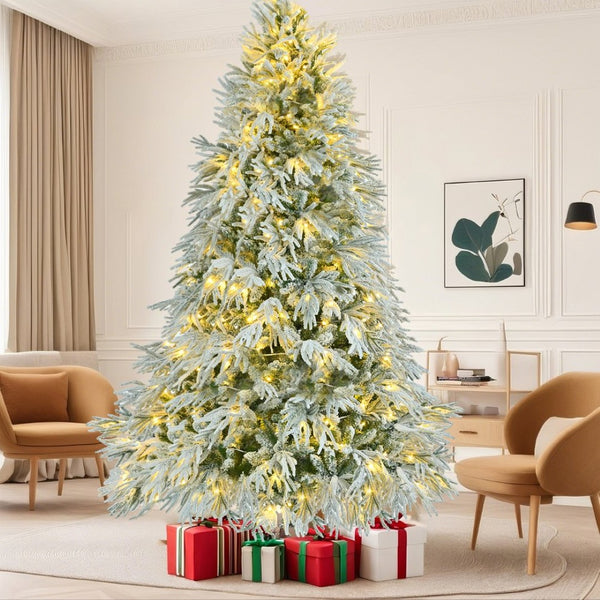 HomeRoots 4' White Pre-Lit Flocked Cedar Christmas Tree – Elegant Decor, 8 Modes, Easy Assembly, and Stability! 711234
