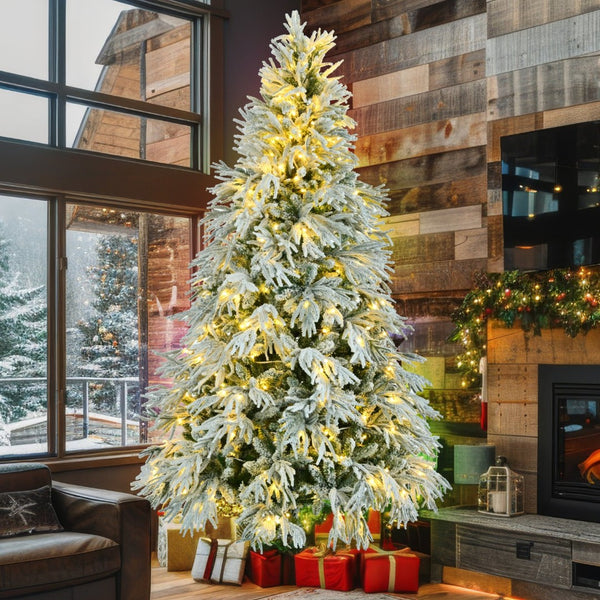 HomeRoots 4' White Pre-Lit Flocked Cedar Christmas Tree – Elegant Decor, 8 Modes, Easy Assembly, and Stability! 711234