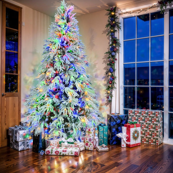 HomeRoots 4' White Pre-Lit Flocked Cedar Christmas Tree – Elegant Decor, 8 Modes, Easy Assembly, and Stability! 711234