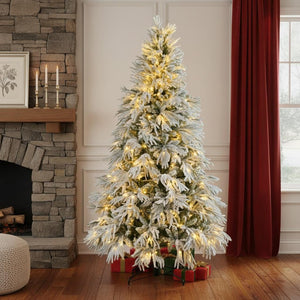 HomeRoots 4' White Pre-Lit Flocked Cedar Christmas Tree – Elegant Decor, 8 Modes, Easy Assembly, and Stability! 711234
