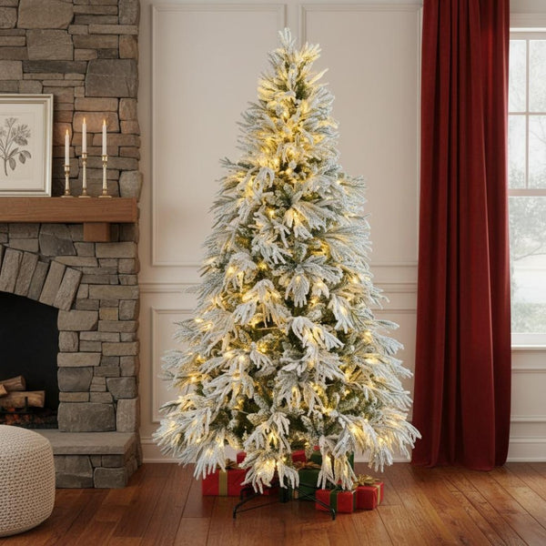 HomeRoots 4' White Pre-Lit Flocked Cedar Christmas Tree – Elegant Decor, 8 Modes, Easy Assembly, and Stability! 711234