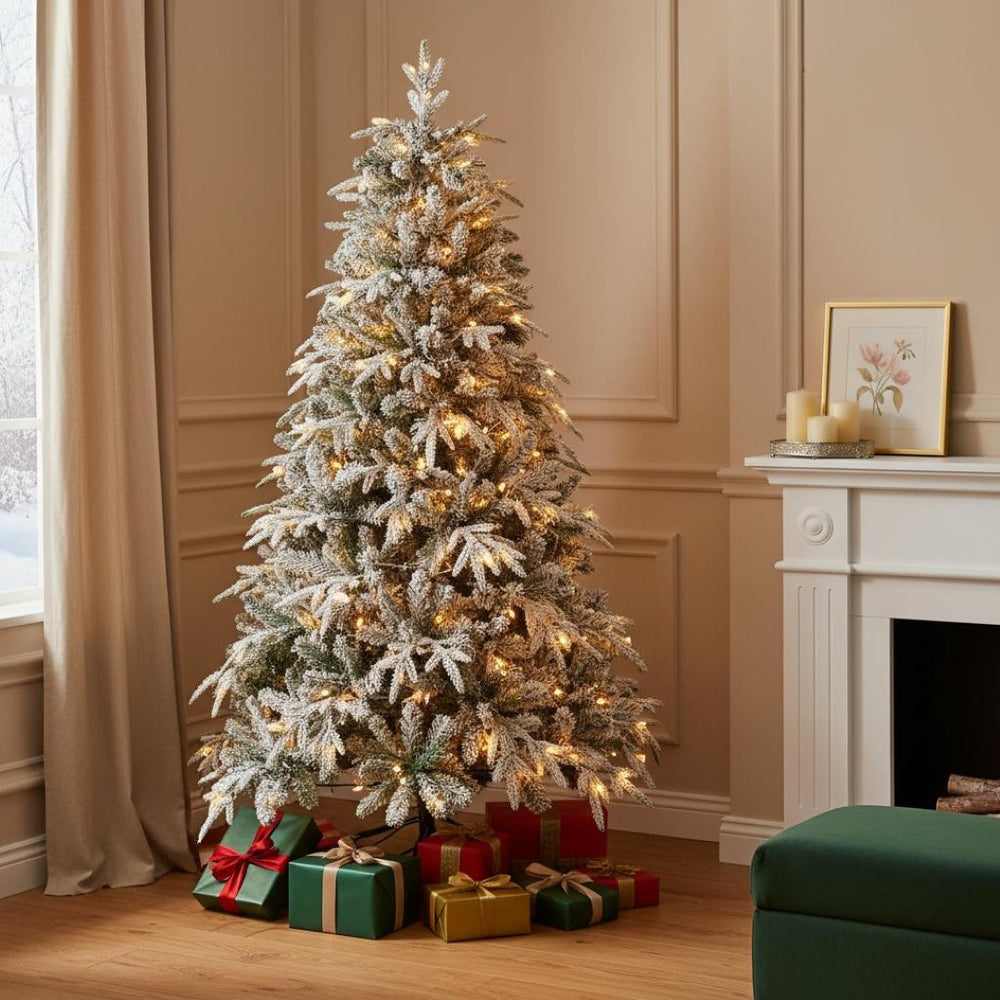 HomeRoots 4' Pre Lit Tropical Christmas Tree - Flocked with 250 LEDs, Ornaments & Easy Assembly for Cozy Spaces 711236