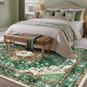 HomeRoots 9' Medallion Area Rug - Elegant Green, Brown & Ivory Design, Washable, Stain-Resistant & Non-Slip 9' X 12' 711246