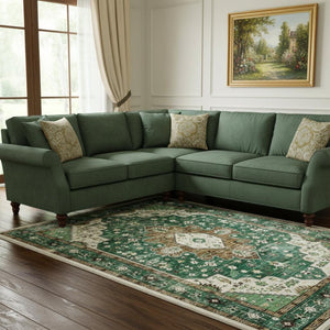 HomeRoots 9' Medallion Area Rug - Elegant Green, Brown & Ivory Design, Washable, Stain-Resistant & Non-Slip 9' X 12' 711246