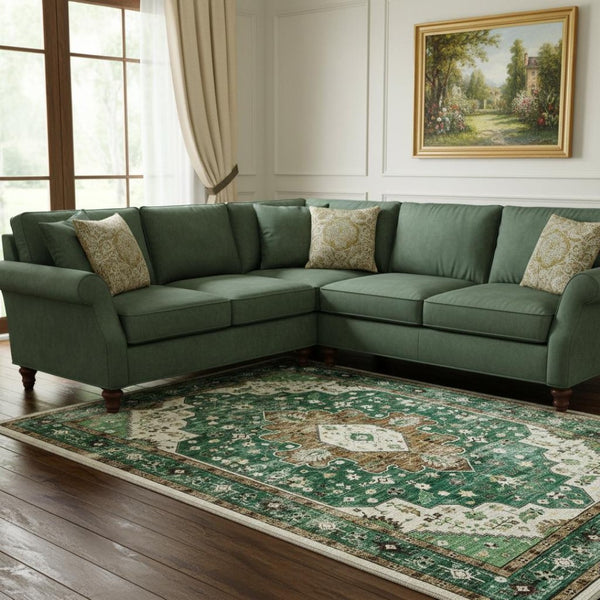HomeRoots 9' Medallion Area Rug - Elegant Green, Brown & Ivory Design, Washable, Stain-Resistant & Non-Slip 9' X 12' 711246