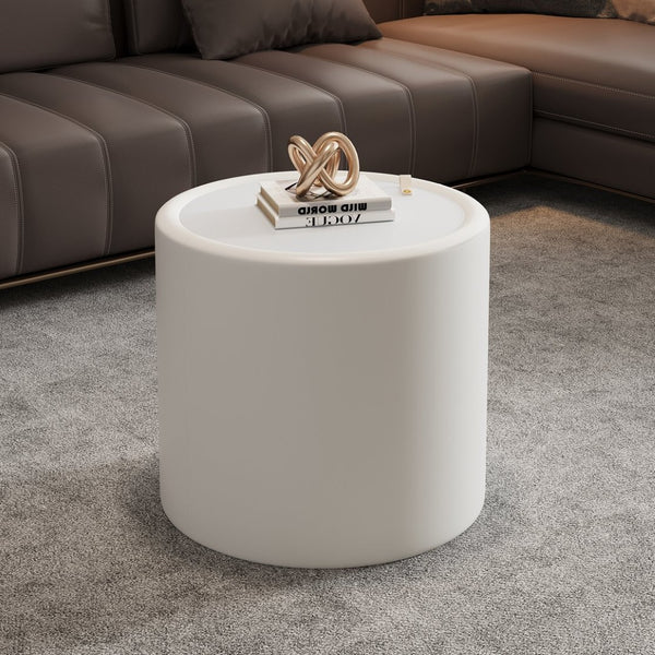 English Elm Black Round Pu Leather Coffee Table with Tempered Glass Top and Hidden Storage Cream White W3081P442390