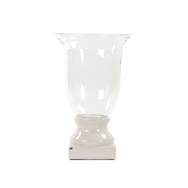Zentique Distressed ceramic crackle white hurricane lamp - vintage-inspired centerpiece, diffuses candlelight softly W12.5 x H21 x D12.5 7112S A369
