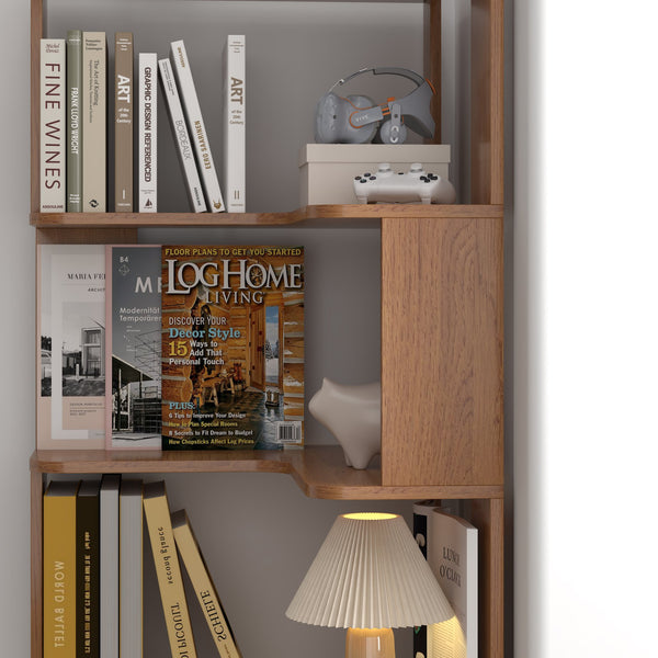 English Elm 6 Tier Freestanding L-Shaped Corner Bookshelf with Anti-Tip, Rounded Corners, 3D Wood Grain Finish Dark Oak W2899P372855
