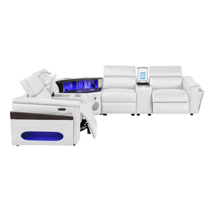 English Elm Nova Tech Sectional with Led Bar Bluetooth Speakers Power Recliners and Freezer Console White B009S02171