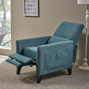 English Elm Pushback Recliner Accent Chair Solid Birch Frame Rivet Detail Mid-century Living Room Seat Teal 65532.00T