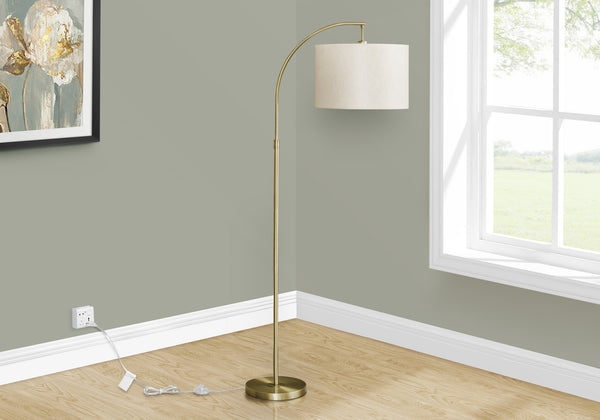 English Elm Lighting, 65"H arc floor lamp with ivory drum shade, sleek metal frame, 100W max, foot switch, modern ambiance Gold 26 L x 17 W x 16 H B2710P221308