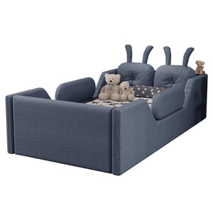 English Elm Twin Kids Platform Bed Teddy Fabric Upholstered with Bunny Cushions and Safety Rails Gray W2593P395809