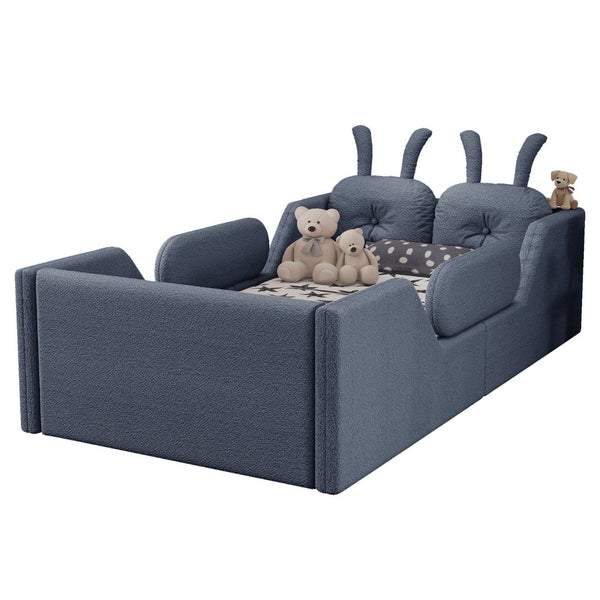 English Elm Twin Kids Platform Bed Teddy Fabric Upholstered with Bunny Cushions and Safety Rails Gray W2593P395809