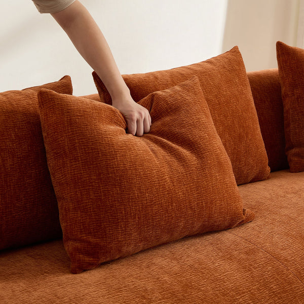 English Elm 134.6" Modern L-Shaped Sectional Sofa with Ottoman, Orange — Oversized 6-Pillow PU Leather Modular Comfort W3208S00008
