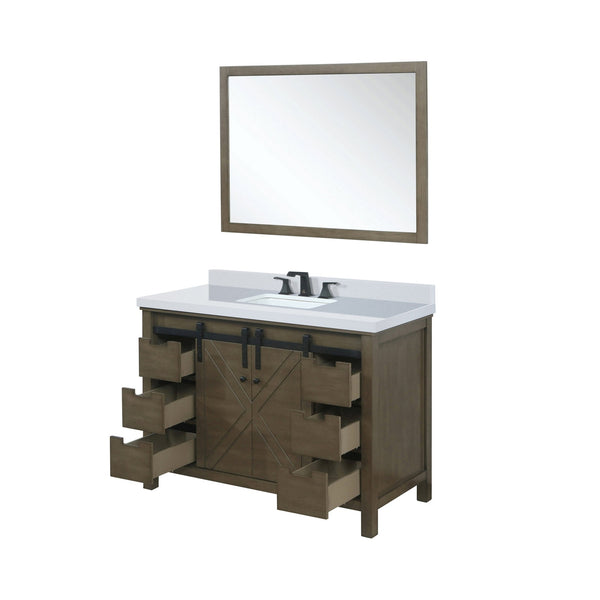 English Elm Rustic Brown Bath Vanity 48" W x 22" D with Scratch-Resistant Marble Top, Matte Black Faucet, Mirror B2731S01341