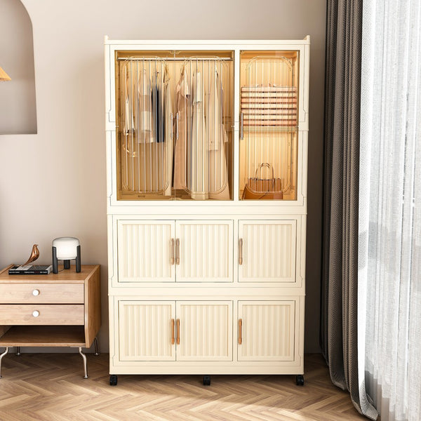 English Elm Portable Wardrobe Closet Organizer Cream White - Durable PP Modular Cube Storage with 9 Magnetic Doors, Hanging Rod and 6 Hangers, Quick Assemble-Friendly (36.8x18.1x15.8) W2699P253195