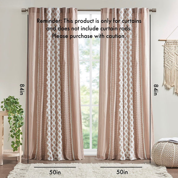 English Elm Cotton Imani Printed Window Panel with Chenille Stripe Blush, Lined 50x84" — OEKO-TEX, Textured Elegance B035129659