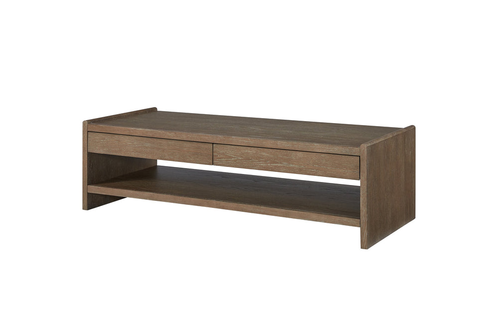 English Elm Wood Top 2 Drawer Cocktail Table Cocoa - Rustic-Contemporary Solid Wood, Soft-Close Drawers & Shelf B2699P323118