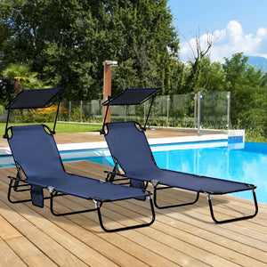 English Elm Outsunny Folding Chaise Lounge Chairs Set With Canopy Shade, Adjustable Recline & Side Pocket Storage W2225P200746-GIGA