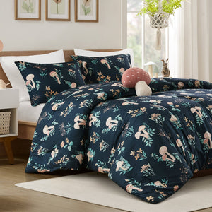 English Elm 4-piece Whimsical Mushroom Floral Microfiber Comforter Set with Shaped Accent Pillow Navy Multi B035P482879