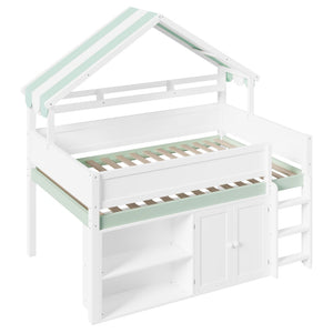 English Elm Full Size Pine Loft Bed with House Canopy Roof Built-in Shelves Kids Bedroom N7090005012F