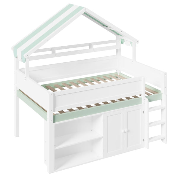 English Elm Full Size Pine Loft Bed with House Canopy Roof Built-in Shelves Kids Bedroom N7090005012F