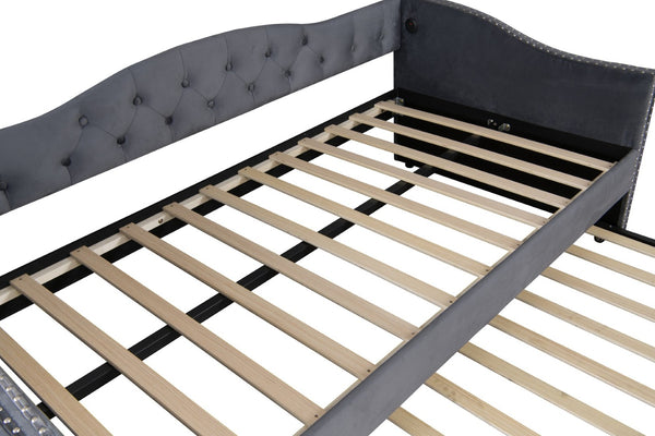 English Elm Twin Size Upholstered Daybed With Trundle & Usb Charging – Stylish Velvet Frame For Space-Saving Comfort W1670S00024-GIGA