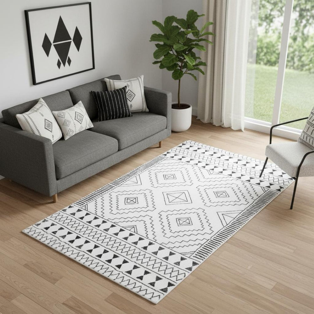 HomeRoots 5' Black and White Moroccan Washable Area Rug - Stylish, Durable, and Easy-Care for Modern Homes 8' X 10' 711959